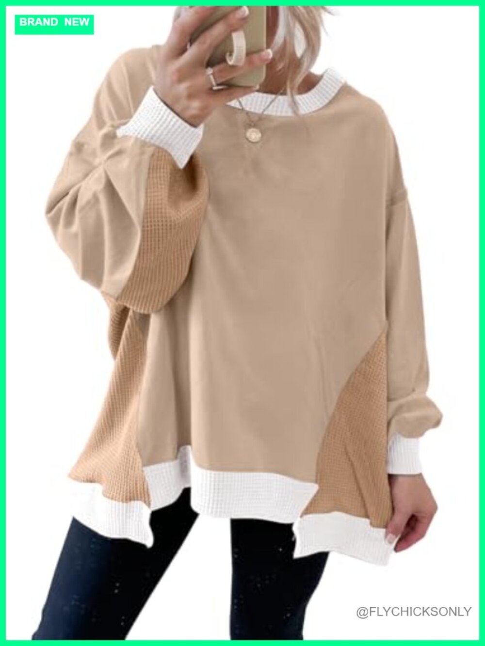 Womens Waffle Knit Sweatshirt Crew Neck Oversized Long Sleeve Pullover Top